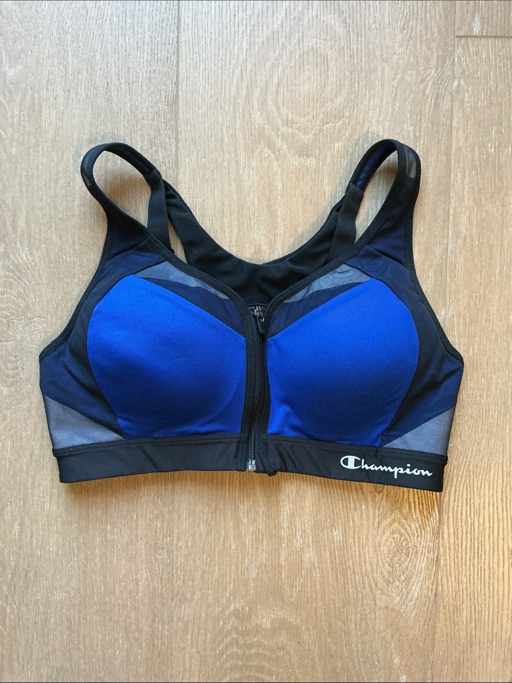 Champion Front-Zip Sports Bra in Royal Blue and Black